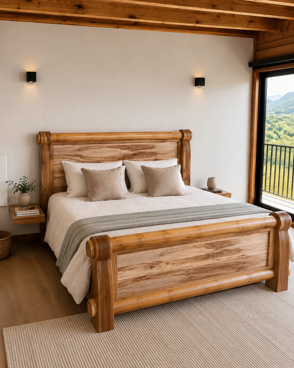 Cama trineo King en madera maciza con rolos torneados