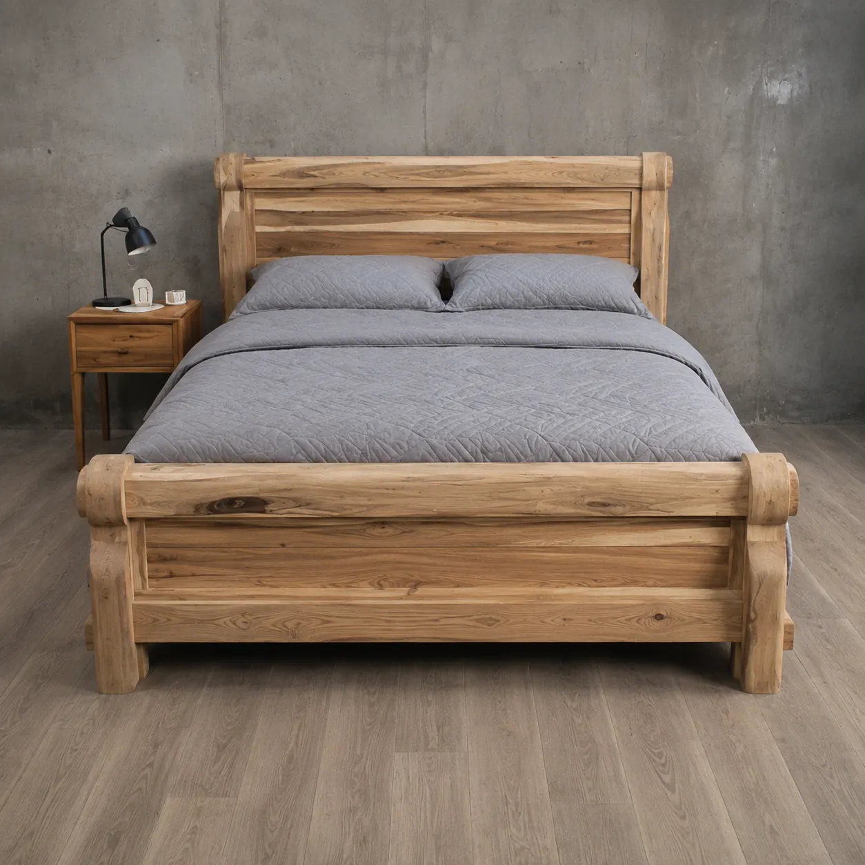 Cama trineo en madera natural con tablero entrepañado